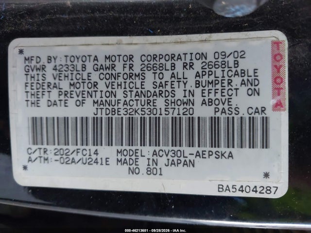 46213681 :رقم المزاد ، JTDBE32K530157120 vin ، 2003 Toyota Camry Se مزاد بيع