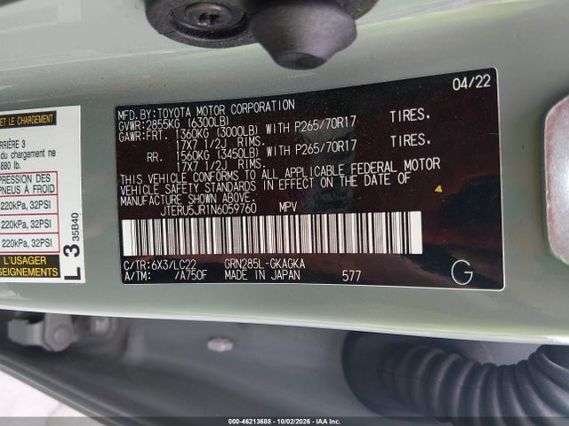 Продажа на аукционе авто 2022 Toyota 4runner Trd Off Road Premium, vin: JTERU5JR1N6059760, номер лота: 46213688