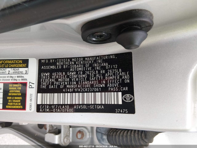 2012 Toyota Camry Xle მანქანა იყიდება აუქციონზე, vin: 4T4BF1FK2CR237061, აუქციონის ნომერი: 46213719