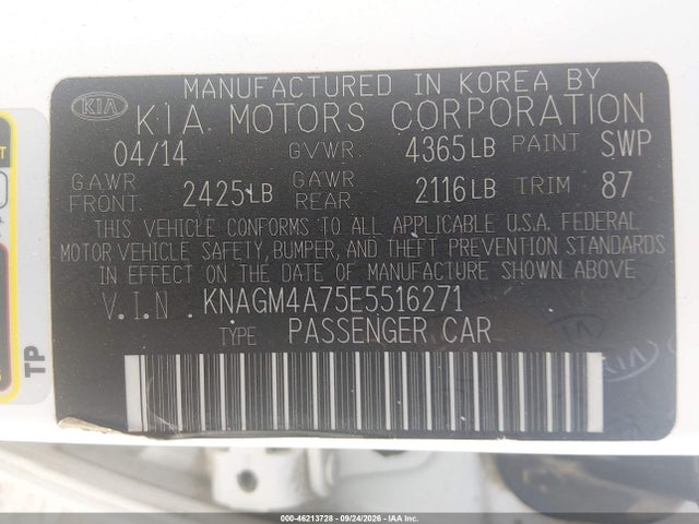 2014 Kia Optima Lx მანქანა იყიდება აუქციონზე, vin: KNAGM4A75E5516271, აუქციონის ნომერი: 46213728