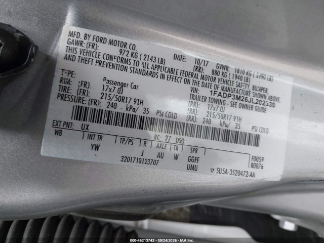 46213742 :رقم المزاد ، 1FADP3M26JL202339 vin ، 2018 Ford Focus Sel مزاد بيع
