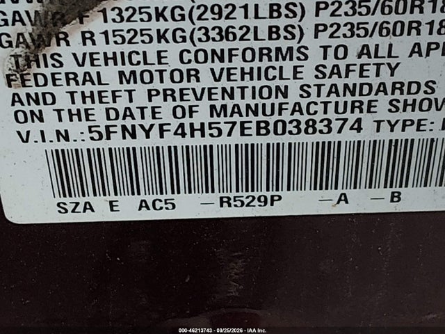2014 Honda Pilot Ex-l მანქანა იყიდება აუქციონზე, vin: 5FNYF4H57EB038374, აუქციონის ნომერი: 46213743
