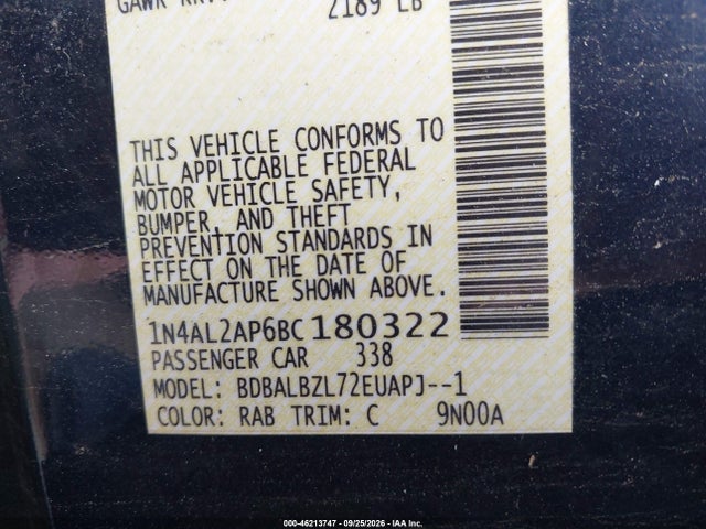 2011 Nissan Altima 2.5 S მანქანა იყიდება აუქციონზე, vin: 1N4AL2AP6BC180322, აუქციონის ნომერი: 46213747