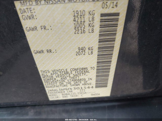 2015 Nissan Altima 2.5/2.5 S/2.5 Sl/2.5 Sv მანქანა იყიდება აუქციონზე, vin: 1N4AL3AP6FN301544, აუქციონის ნომერი: 46213763