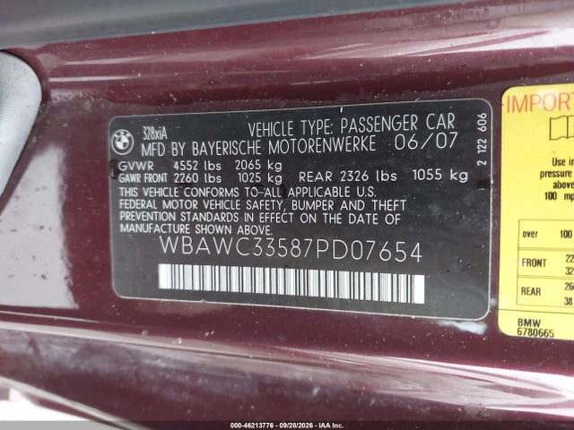 Aukcja sprzedaży 2007 Bmw 328xi, vin: WBAWC33587PD07654, numer aukcji: 46213776