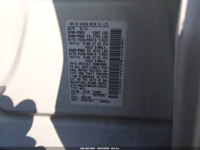Aukcja sprzedaży 2010 Nissan Murano Sl, vin: JN8AZ1MW2AW128953, numer aukcji: 46213801
