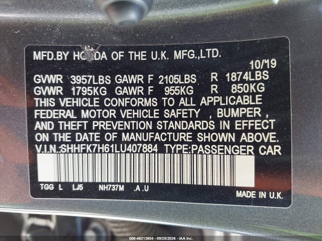 Aukcja sprzedaży 2020 Honda Civic Ex, vin: SHHFK7H61LU407884, numer aukcji: 46213804