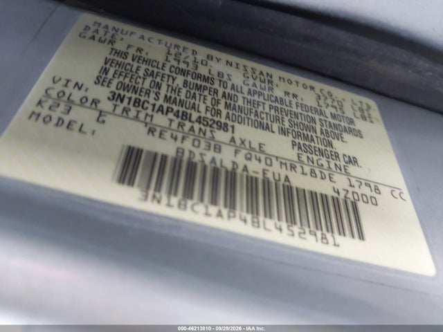 46213810 :رقم المزاد ، 3N1BC1AP4BL452981 vin ، 2011 Nissan Versa 1.8s مزاد بيع