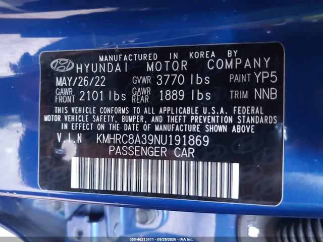 Aukcja sprzedaży 2022 Hyundai Venue Sel, vin: KMHRC8A39NU191869, numer aukcji: 46213811