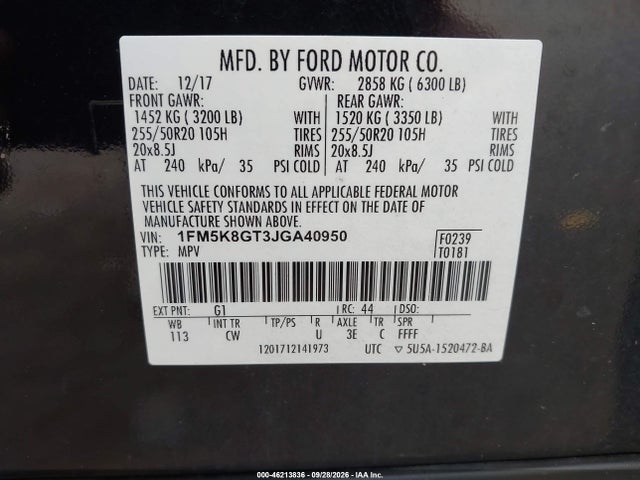 46213836 :رقم المزاد ، 1FM5K8GT3JGA40950 vin ، 2018 Ford Explorer Sport مزاد بيع