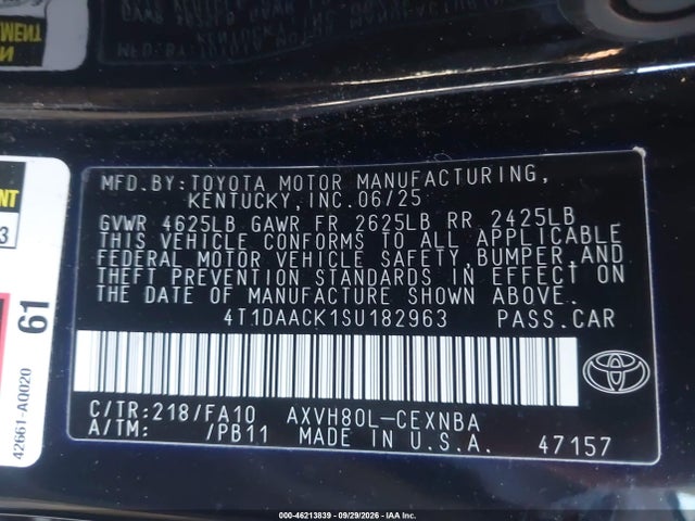 46213839 :رقم المزاد ، 4T1DAACK1SU182963 vin ، 2025 Toyota Camry Le مزاد بيع
