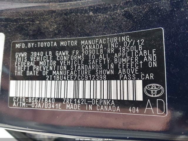 Aukcja sprzedaży 2012 Toyota Corolla Le, vin: 2T1BU4EE7CC912398, numer aukcji: 46213859