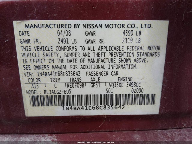 Aukcja sprzedaży 2008 Nissan Maxima 3.5 Sl, vin: 1N4BA41E68C835642, numer aukcji: 46213883