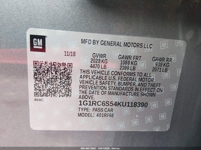 Aukcja sprzedaży 2019 Chevrolet Volt Lt, vin: 1G1RC6S54KU118390, numer aukcji: 46213892