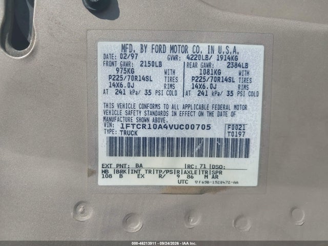 46213911 :رقم المزاد ، 1FTCR10A4VUC00705 vin ، 1997 Ford Ranger Splash/xl/xlt مزاد بيع