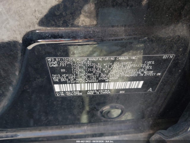 46213922 :رقم المزاد ، 2T3ZFREV3EW086602 vin ، 2014 Toyota Rav4 Le مزاد بيع