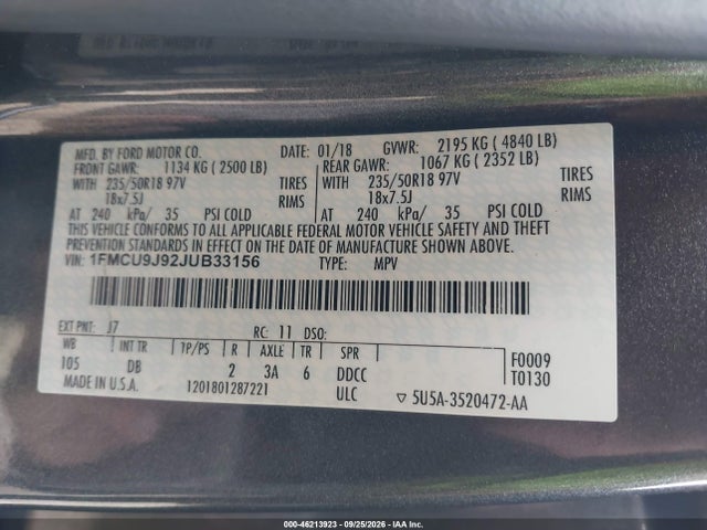Продаж на аукціоні авто 2018 Ford Escape Titanium, vin: 1FMCU9J92JUB33156, номер лоту: 46213923
