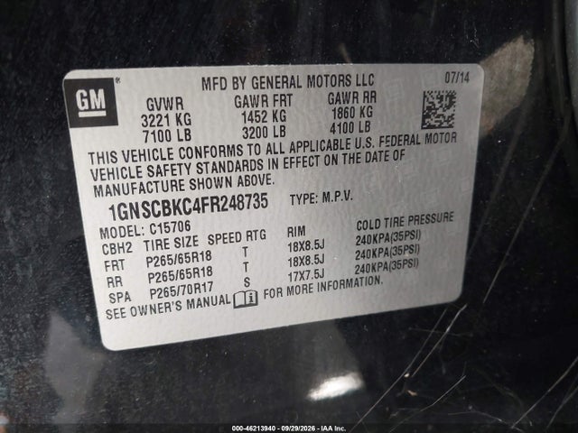 46213940 :رقم المزاد ، 1GNSCBKC4FR248735 vin ، 2015 Chevrolet Tahoe Lt مزاد بيع
