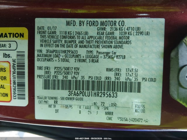 46213946 :رقم المزاد ، 3FA6P0LU1HR295633 vin ، 2017 Ford Fusion Hybrid Se مزاد بيع