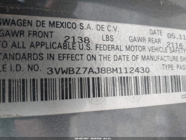 Aukcja sprzedaży 2011 Volkswagen Jetta 2.5l Se, vin: 3VWBZ7AJ8BM112430, numer aukcji: 46213947