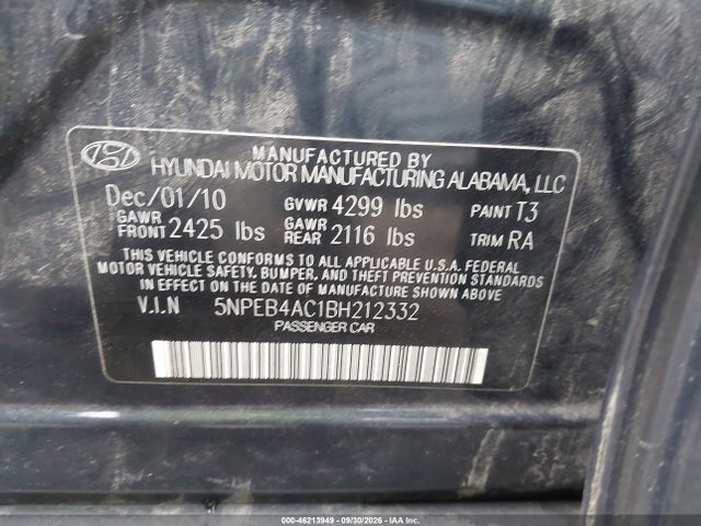Продаж на аукціоні авто 2011 Hyundai Sonata Gls, vin: 5NPEB4AC1BH212332, номер лоту: 46213949