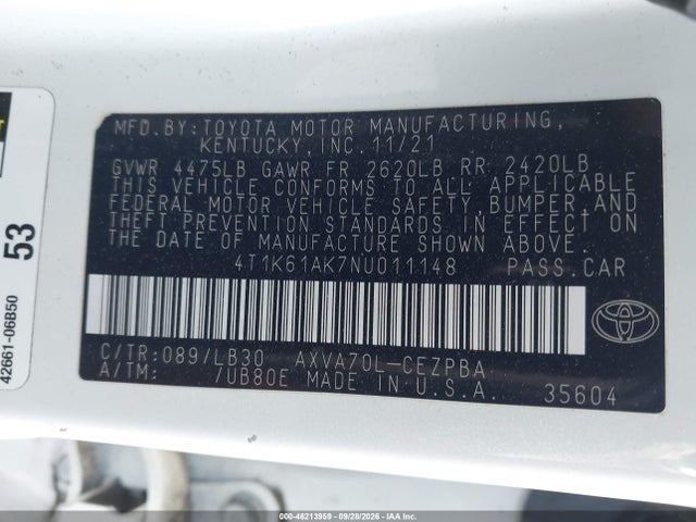 4T1K61AK7NU011148 Toyota CAMRY XSE