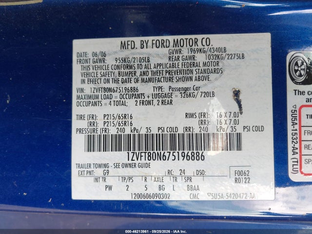 2007 Ford Mustang V6 Deluxe/v6 Premium მანქანა იყიდება აუქციონზე, vin: 1ZVFT80N675196886, აუქციონის ნომერი: 46213961