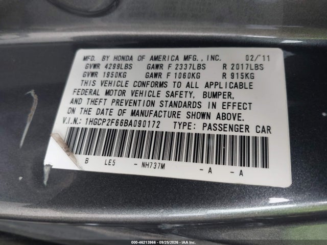 2011 Honda Accord 2.4 Se მანქანა იყიდება აუქციონზე, vin: 1HGCP2F66BA090172, აუქციონის ნომერი: 46213966