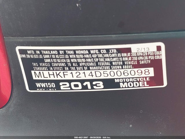 Aukcja sprzedaży 2013 Honda Pcx 150, vin: MLHKF1214D5006098, numer aukcji: 46213997