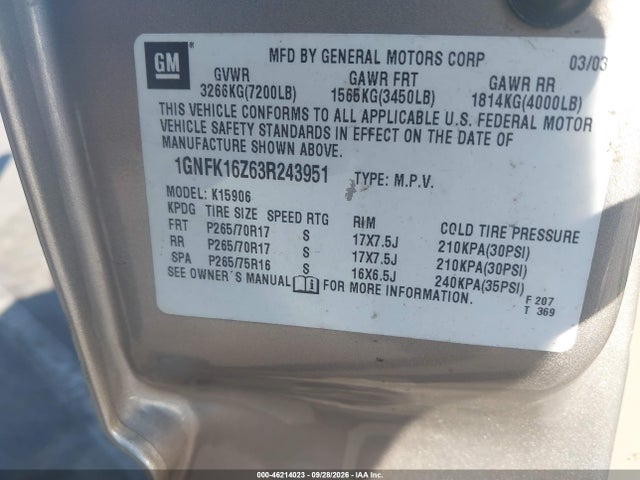 Aukcja sprzedaży 2003 Chevrolet Suburban 1500 Z71, vin: 1GNFK16Z63R243951, numer aukcji: 46214023