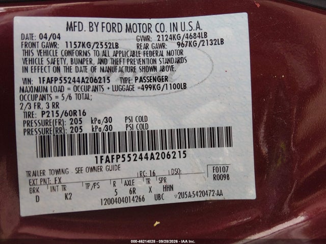 2004 Ford Taurus Ses მანქანა იყიდება აუქციონზე, vin: 1FAFP55244A206215, აუქციონის ნომერი: 46214028