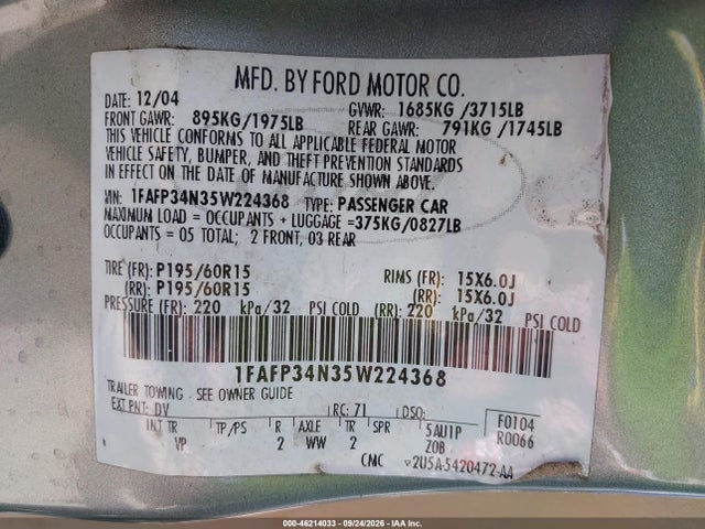 Aukcja sprzedaży 2005 Ford Focus Zx4, vin: 1FAFP34N35W224368, numer aukcji: 46214033