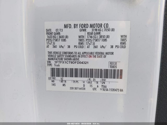 2013 Ford F-150 Xlt მანქანა იყიდება აუქციონზე, vin: 1FTFX1CT9DFD04321, აუქციონის ნომერი: 46214034