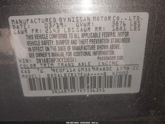 Aukcja sprzedaży 2019 Nissan Sentra S, vin: 3N1AB7AP7KY336341, numer aukcji: 46214045