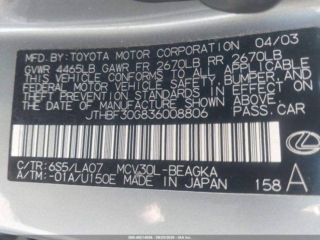 46214056 :رقم المزاد ، JTHBF30G836008806 vin ، 2003 Lexus Es 300 مزاد بيع
