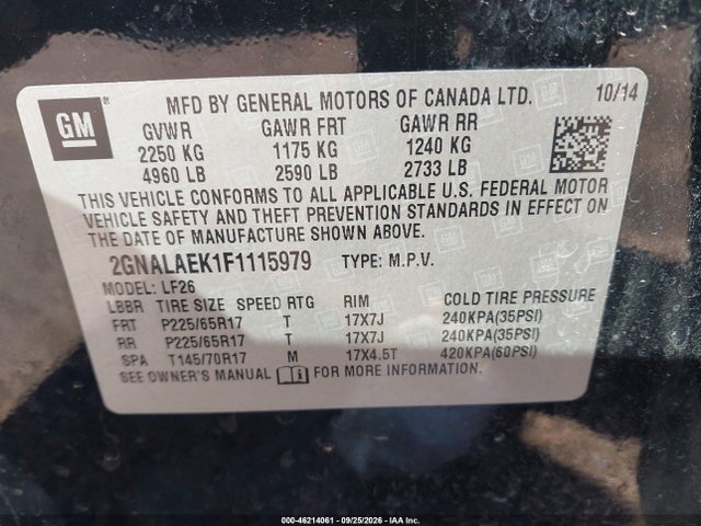 2015 Chevrolet Equinox Ls მანქანა იყიდება აუქციონზე, vin: 2GNALAEK1F1115979, აუქციონის ნომერი: 46214061