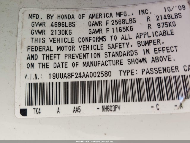 2010 Acura Tl 3.5 მანქანა იყიდება აუქციონზე, vin: 19UUA8F24AA002580, აუქციონის ნომერი: 46214067