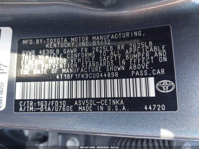 Aukcja sprzedaży 2012 Toyota Camry Le, vin: 4T1BF1FK9CU044898, numer aukcji: 46214069