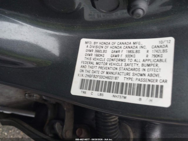 46214077 :رقم المزاد ، 2HGFB2F53CH603187 vin ، 2012 Honda Civic Lx مزاد بيع