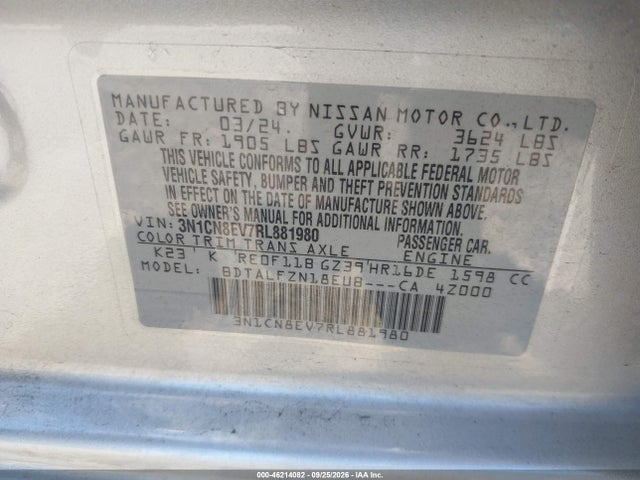 Aukcja sprzedaży 2024 Nissan Versa 1.6 Sv, vin: 3N1CN8EV7RL881980, numer aukcji: 46214082
