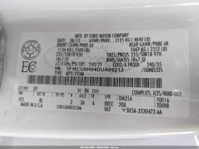 Продажа на аукционе авто 2013 Ford Escape Sel, vin: 1FMCU9H94DUA69213, номер лота: 46214083