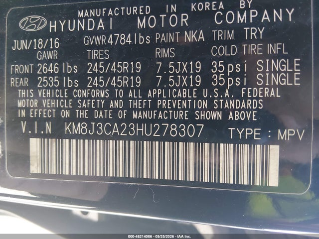 2017 Hyundai Tucson Limited მანქანა იყიდება აუქციონზე, vin: KM8J3CA23HU278307, აუქციონის ნომერი: 46214086