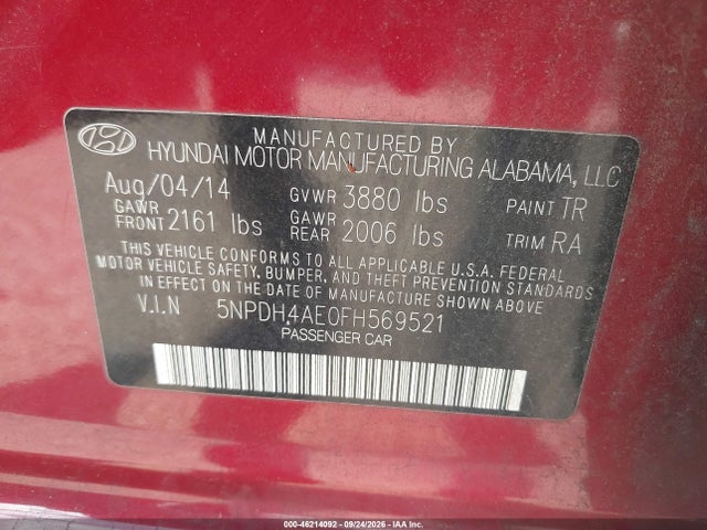 46214092 :رقم المزاد ، 5NPDH4AE0FH569521 vin ، 2015 Hyundai Elantra Se مزاد بيع