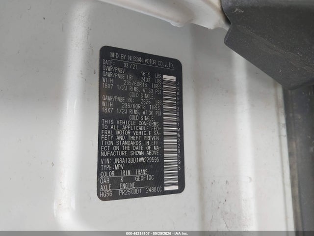 2021 Nissan Rogue Sv Intelligent Awd მანქანა იყიდება აუქციონზე, vin: JN8AT3BB1MW229595, აუქციონის ნომერი: 46214107