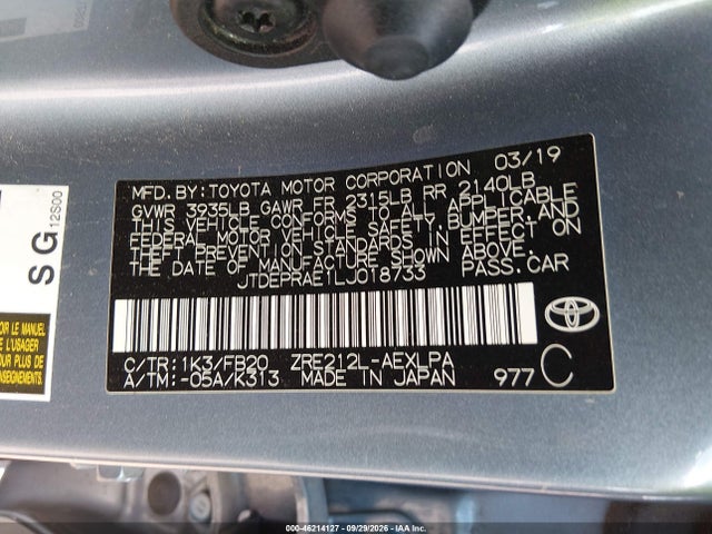 Aukcja sprzedaży 2020 Toyota Corolla Le, vin: JTDEPRAE1LJ018733, numer aukcji: 46214127