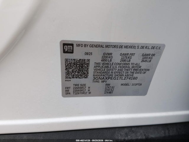 2026 Chevrolet Equinox Awd Lt მანქანა იყიდება აუქციონზე, vin: 3GNAXPEG1TL274160, აუქციონის ნომერი: 46214128