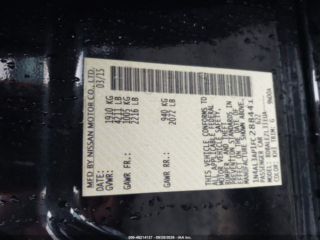 46214137 :رقم المزاد ، 1N4AL3AP1FC288441 vin ، 2015 Nissan Altima 2.5 S مزاد بيع