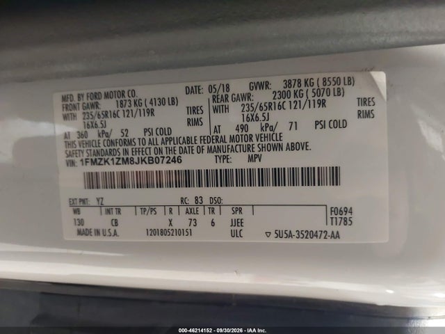 Продаж на аукціоні авто 2018 Ford Transit-150 Xl, vin: 1FMZK1ZM8JKB07246, номер лоту: 46214152