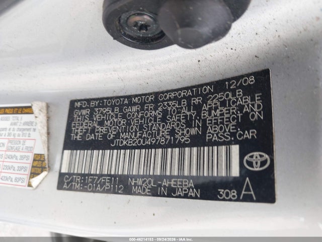 2009 Toyota Prius Standard მანქანა იყიდება აუქციონზე, vin: JTDKB20U497871795, აუქციონის ნომერი: 46214153