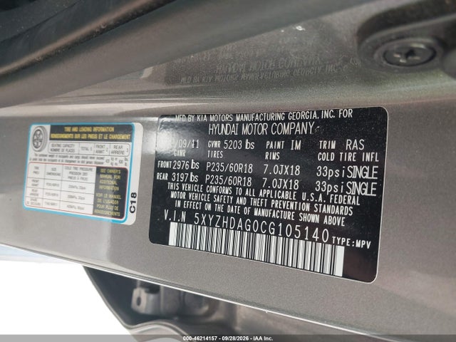 Продажа на аукционе авто 2012 Hyundai Santa Fe Se, vin: 5XYZHDAG0CG105140, номер лота: 46214157